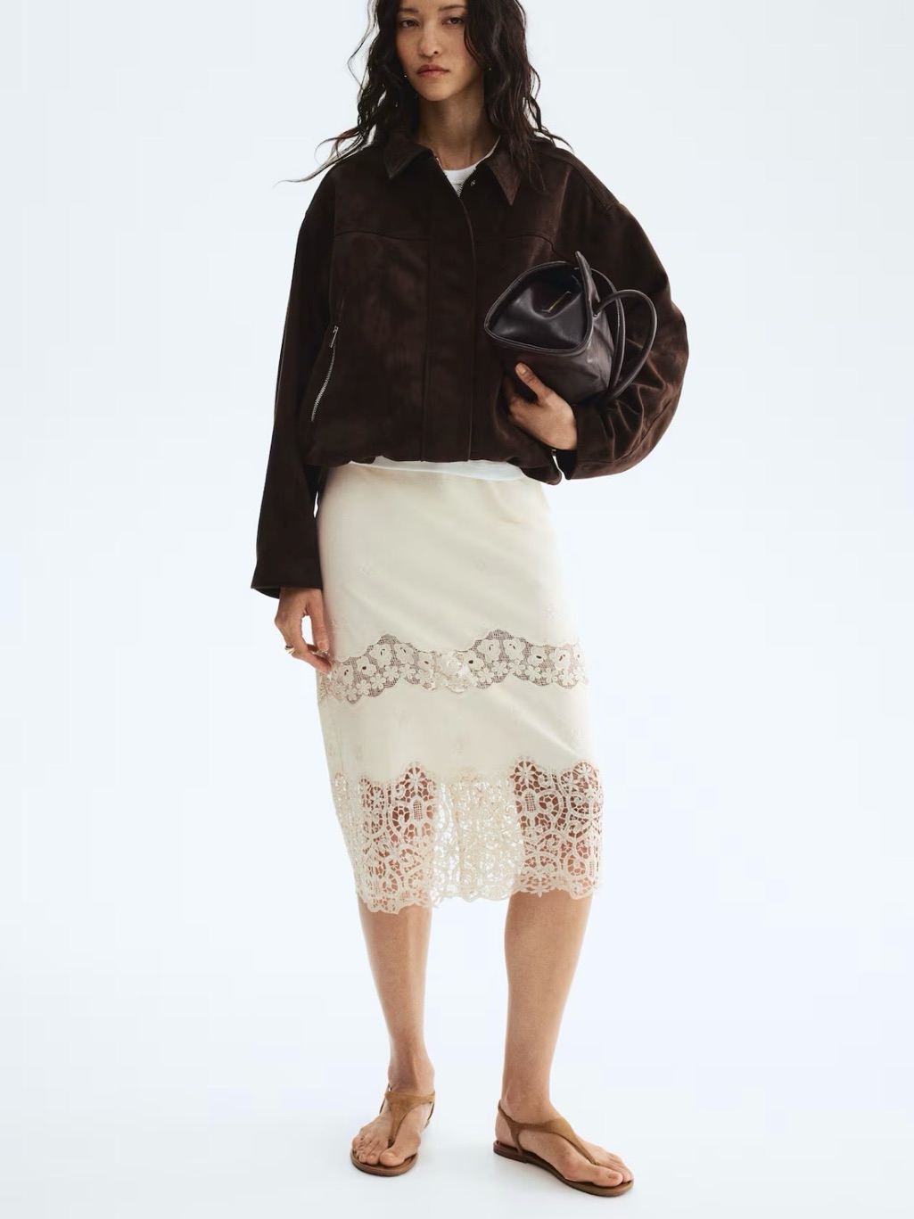 H&M Embroidered Cotton Skirt Light Beige High Waist Pencil Knee Length Nwt